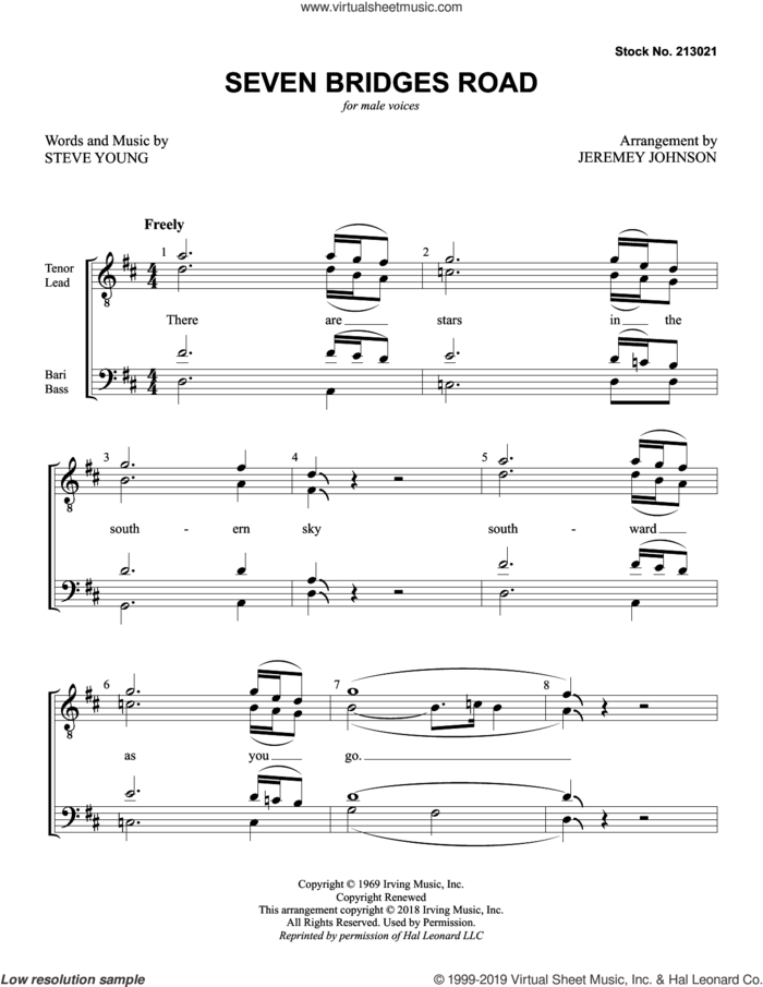 Seven Bridges Road (arr. Jeremey Johnson) sheet music for choir (TTBB: tenor, bass) by Stephen T. Young and Jeremey Johnson, intermediate skill level