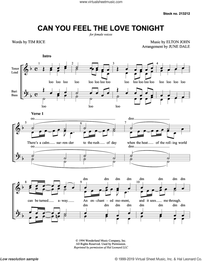 Can You Feel The Love Tonight? (from The Lion King) (arr. June Dale) sheet music for choir (SSA: soprano, alto) by Elton John, June Dale and Tim Rice, wedding score, intermediate skill level