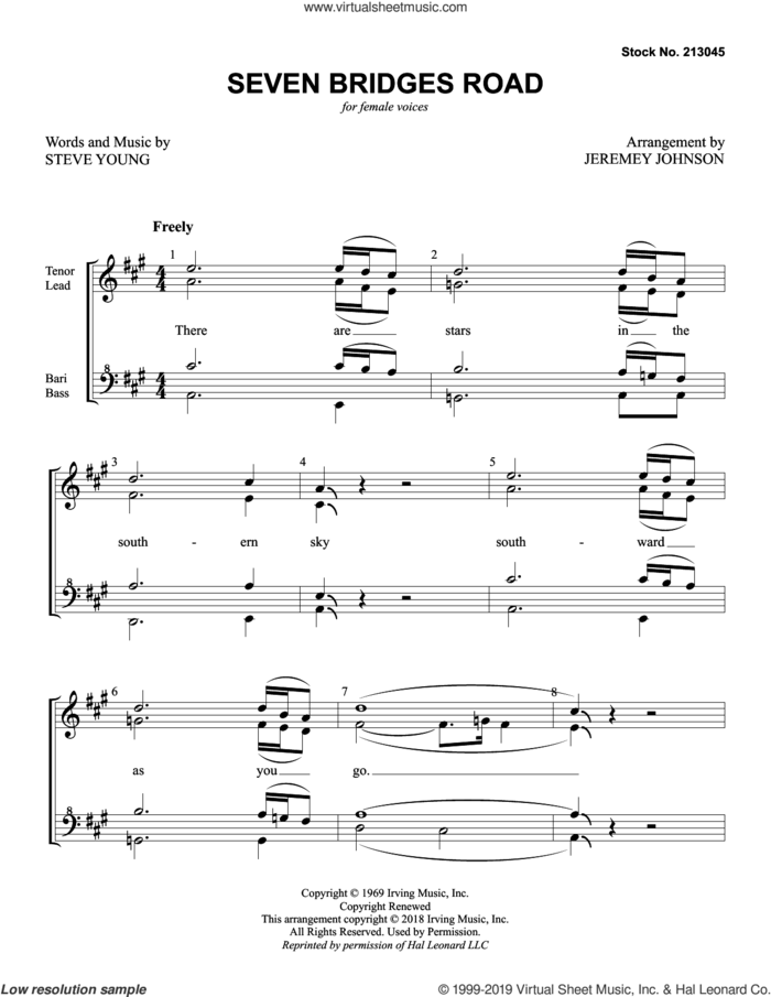 Seven Bridges Road (arr. Jeremey Johnson) sheet music for choir (SSA: soprano, alto) by Stephen T. Young and Jeremey Johnson, intermediate skill level