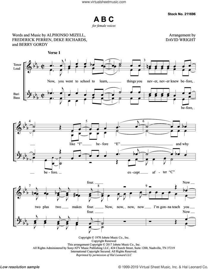 ABC (arr. David Wright) sheet music for choir (SSA: soprano, alto) by Jackson 5, David Wright, Alphonso Mizell, Berry Gordy, Deke Richards and Frederick Perren, intermediate skill level