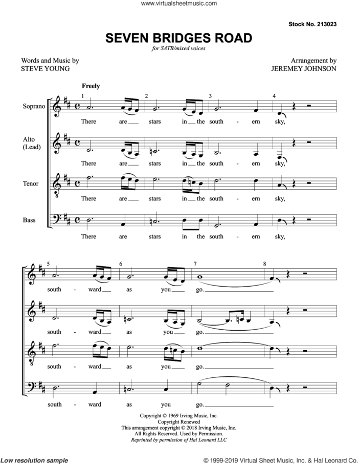 Seven Bridges Road (arr. Jeremey Johnson) sheet music for choir (SATB: soprano, alto, tenor, bass) by Stephen T. Young and Jeremey Johnson, intermediate skill level