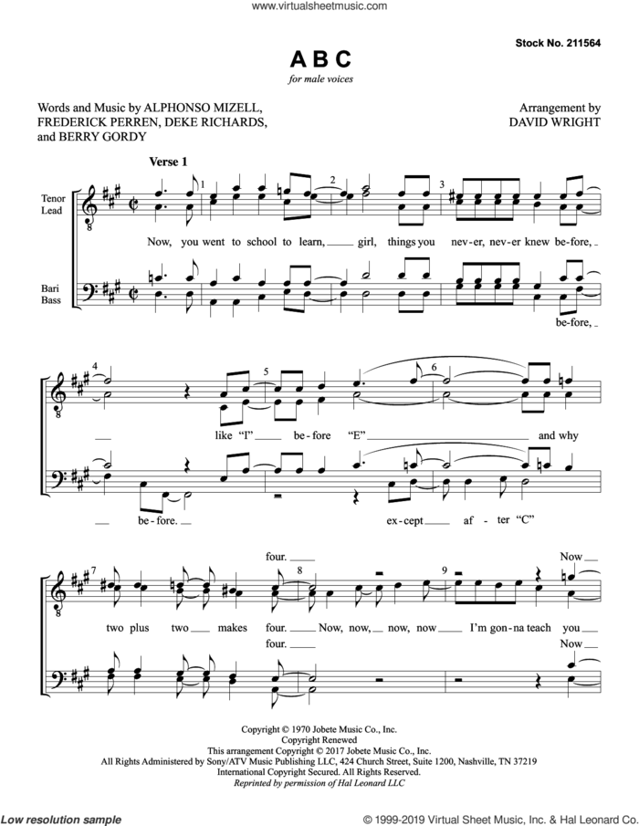 ABC (arr. David Wright) sheet music for choir (TTBB: tenor, bass) by Jackson 5, David Wright, Alphonso Mizell, Berry Gordy, Deke Richards and Frederick Perren, intermediate skill level