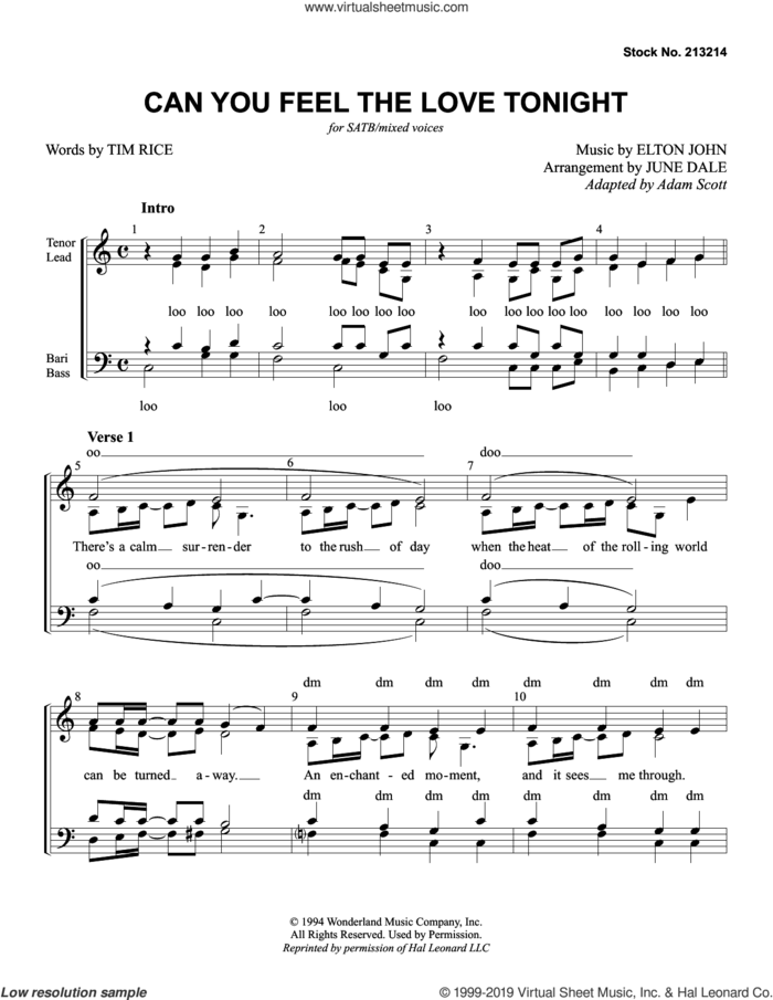 Can You Feel The Love Tonight? (from The Lion King) (arr. June Dale) sheet music for choir (SATB: soprano, alto, tenor, bass) by Elton John, June Dale and Tim Rice, wedding score, intermediate skill level