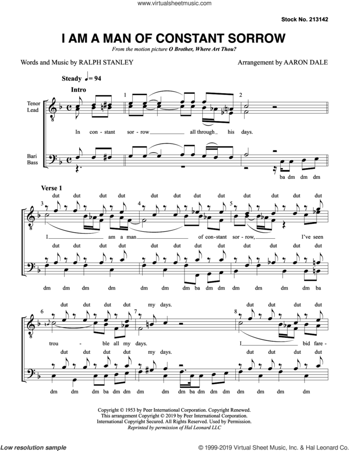 I Am A Man Of Constant Sorrow (arr. Aaron Dale) sheet music for choir (TTBB: tenor, bass) by Ralph Stanley and Aaron Dale, intermediate skill level
