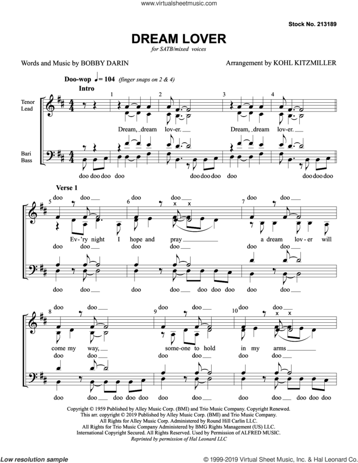 Dream Lover (arr. Kohl Kitzmiller) sheet music for choir (SATB: soprano, alto, tenor, bass) by The Manhattan Transfer, Kohl Kitzmiller and Bobby Darin, intermediate skill level