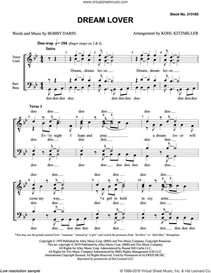 Dream Lover (arr. Kohl Kitzmiller) sheet music for choir (TTBB: tenor, bass) by The Manhattan Transfer, Kohl Kitzmiller and Bobby Darin, intermediate skill level