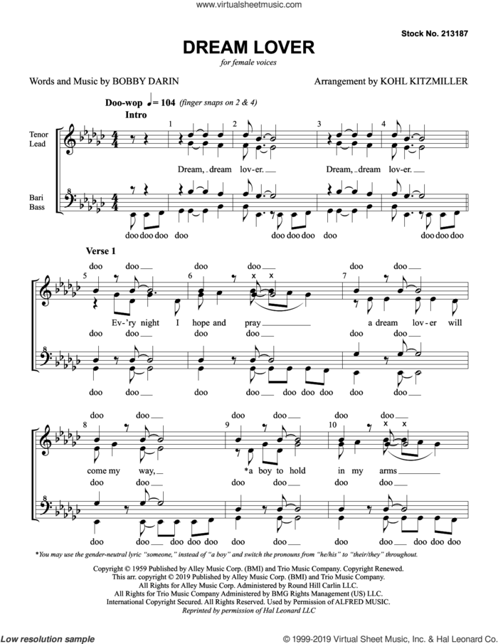 Dream Lover (arr. Kohl Kitzmiller) sheet music for choir (SSA: soprano, alto) by The Manhattan Transfer, Kohl Kitzmiller and Bobby Darin, intermediate skill level