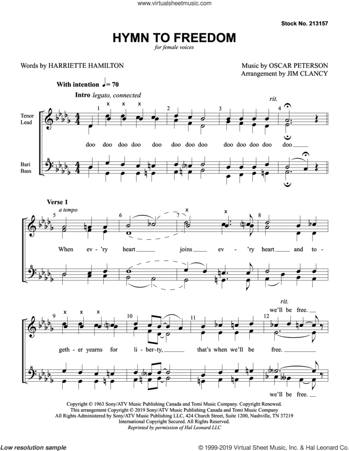 Hymn to Freedom (arr. Jim Clancy) sheet music for choir (SSA: soprano, alto) by Oscar Peterson, Jim Clancy and Harriette Hamilton, intermediate skill level