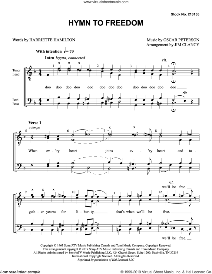 Hymn to Freedom (arr. Jim Clancy) sheet music for choir (TTBB: tenor, bass) by Oscar Peterson, Jim Clancy and Harriette Hamilton, intermediate skill level