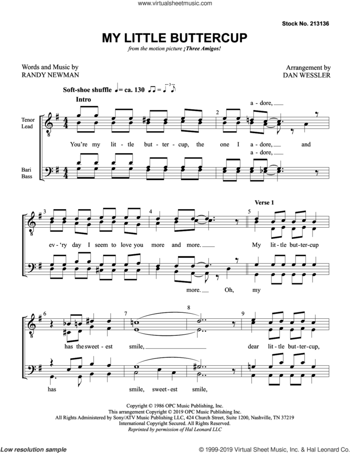 My Little Buttercup (arr. Dan Wessler) sheet music for choir (TTBB: tenor, bass) by Randy Newman and Dan Wessler, intermediate skill level