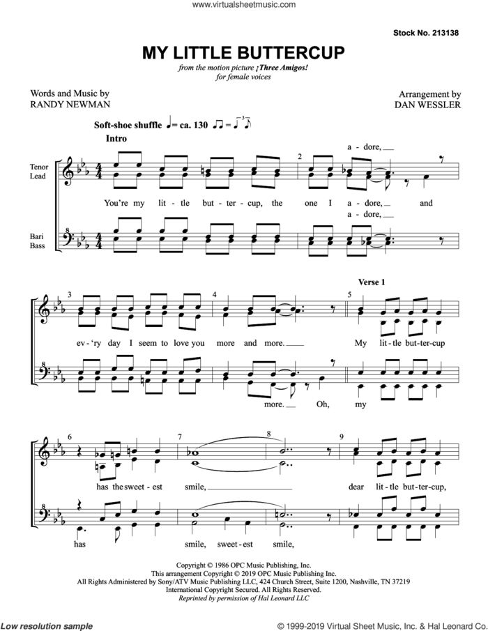 My Little Buttercup (arr. Dan Wessler) sheet music for choir (SSA: soprano, alto) by Randy Newman and Dan Wessler, intermediate skill level