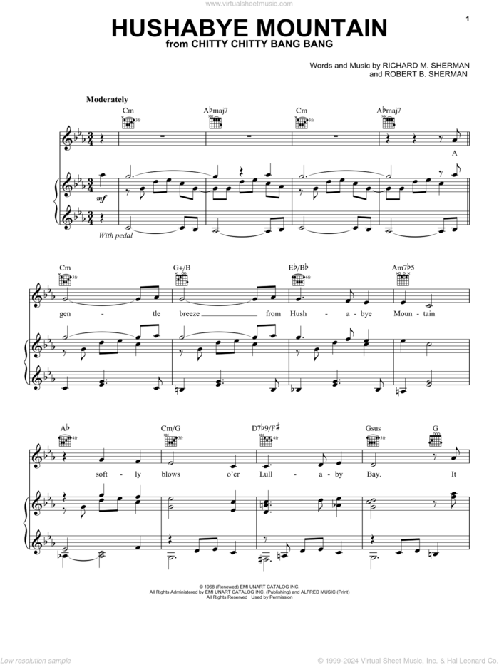 Hushabye Mountain (from Chitty Chitty Bang Bang) sheet music for voice, piano or guitar by Richard M. Sherman, Robert B. Sherman and Sherman Brothers, intermediate skill level