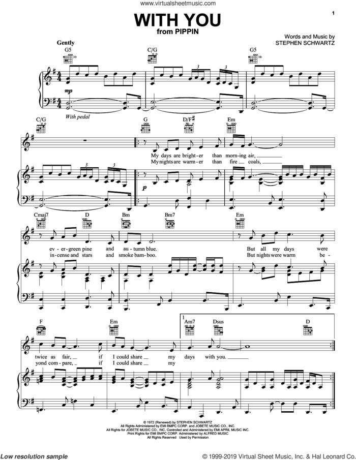 With You (from Pippin) sheet music for voice, piano or guitar by Stephen Schwartz, intermediate skill level