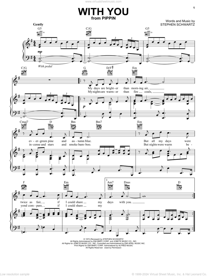 With You (from Pippin) sheet music for voice, piano or guitar by Stephen Schwartz, intermediate skill level
