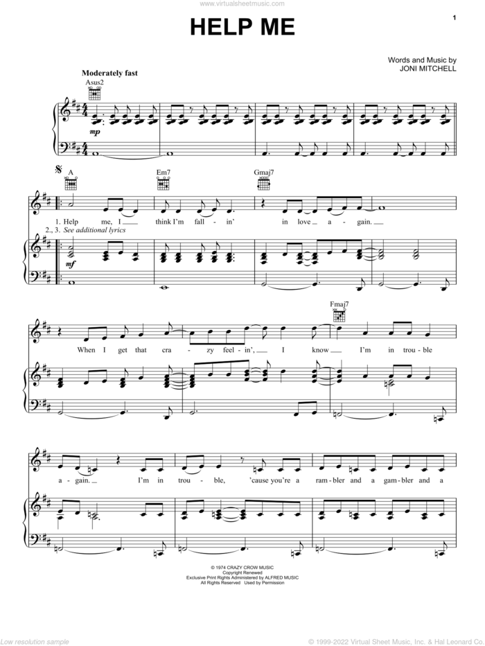 Help Me sheet music for voice, piano or guitar by Joni Mitchell, intermediate skill level