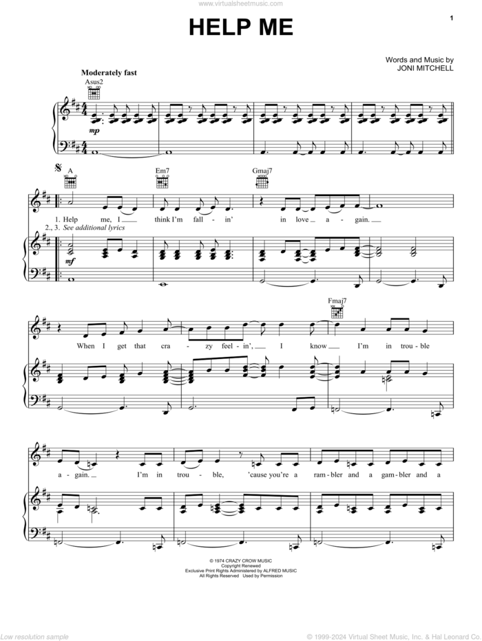 Help Me sheet music for voice, piano or guitar by Joni Mitchell, intermediate skill level