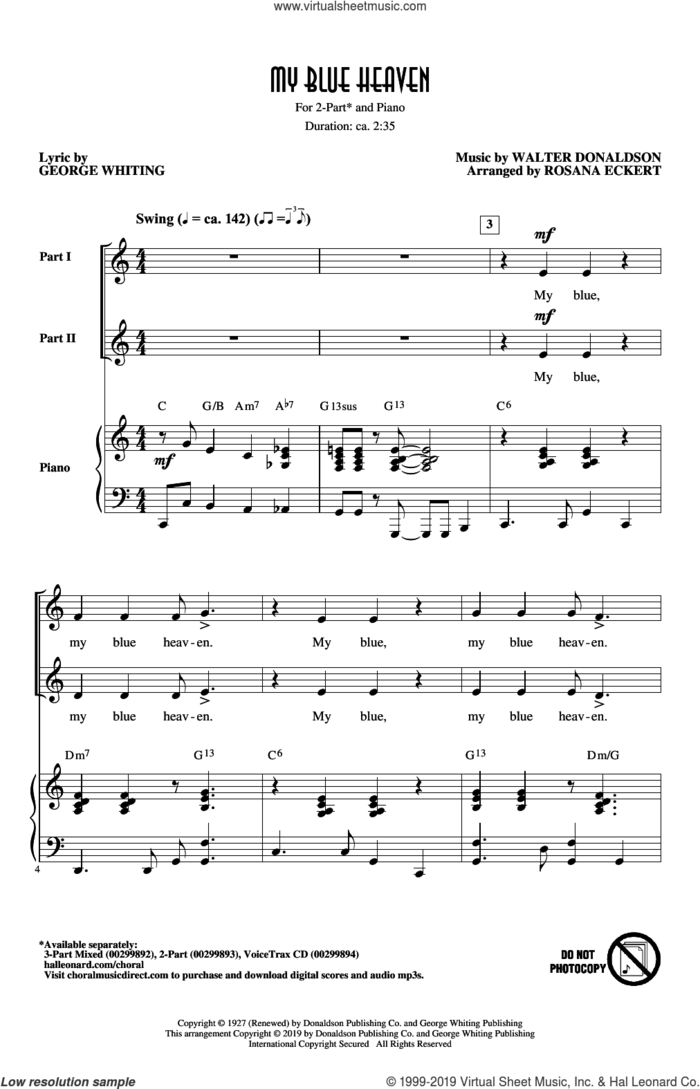 My Blue Heaven (arr. Rosana Eckert) sheet music for choir (2-Part) by Walter Donaldson, Rosana Eckert, George Whiting and George Whiting and Walter Donaldson, intermediate duet
