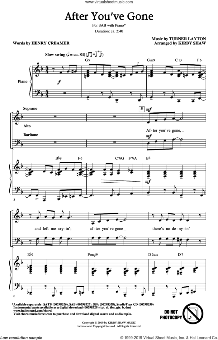 After You've Gone (from One Mo' Time) (arr. Kirby Shaw) sheet music for choir (SAB: soprano, alto, bass) by Henry Creamer, Kirby Shaw, Henry Creamer and Turner Layton and Turner Layton, intermediate skill level