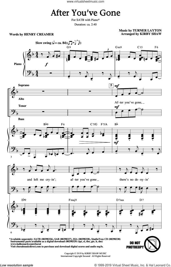 After You've Gone (from One Mo' Time) (arr. Kirby Shaw) sheet music for choir (SATB: soprano, alto, tenor, bass) by Henry Creamer, Kirby Shaw, Henry Creamer and Turner Layton and Turner Layton, intermediate skill level