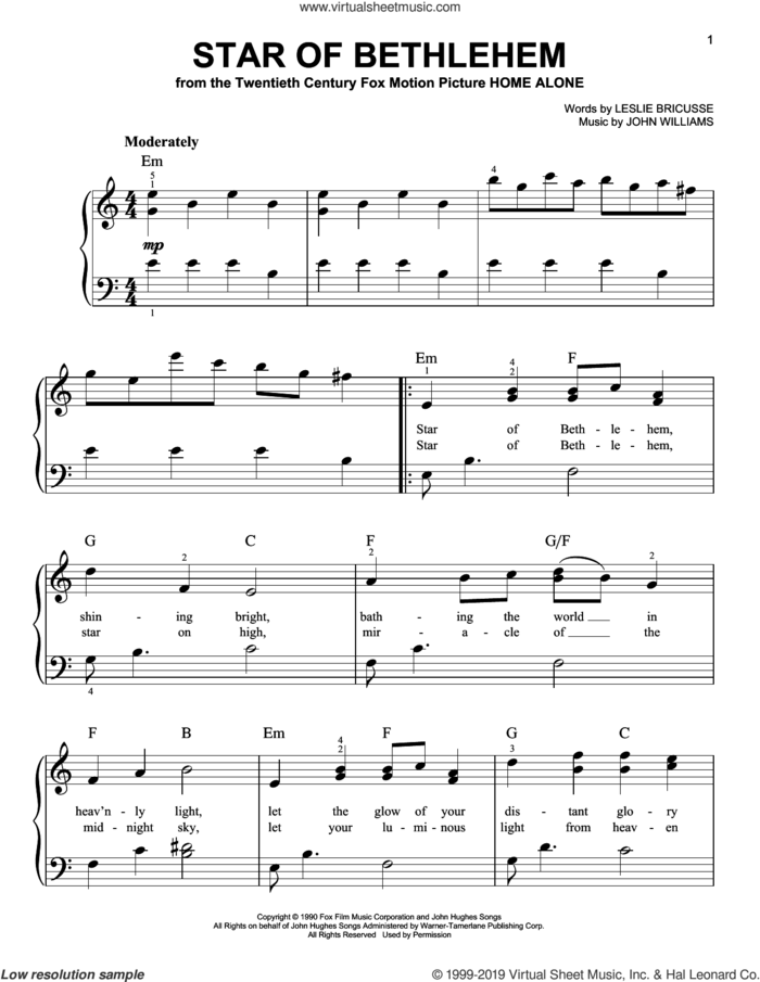 Star Of Bethlehem (from Home Alone) sheet music for piano solo by John Williams and Leslie Bricusse, easy skill level