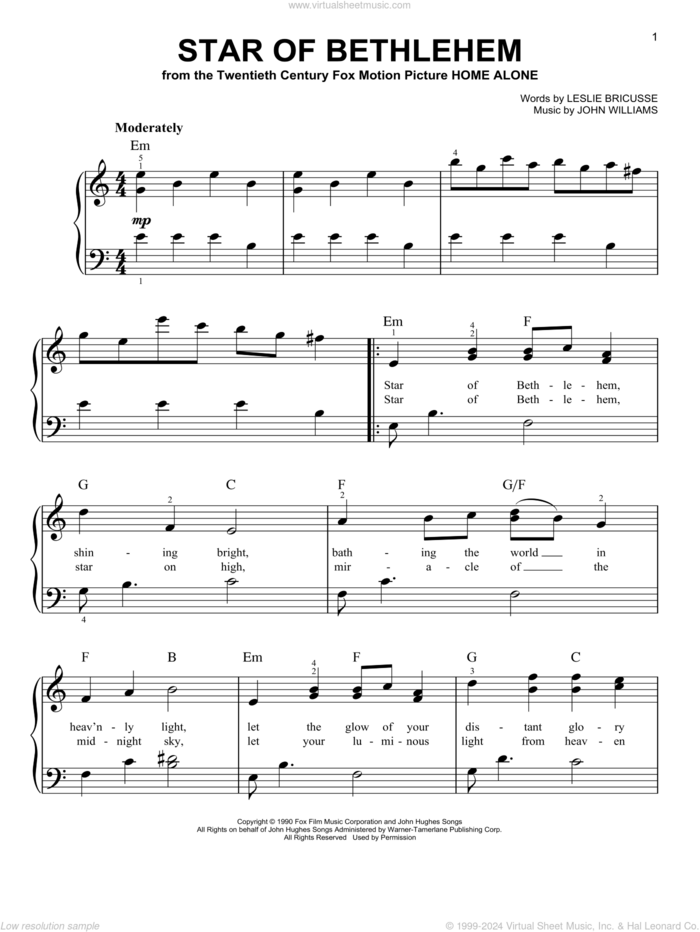 Star Of Bethlehem (from Home Alone) sheet music for piano solo by John Williams and Leslie Bricusse, easy skill level