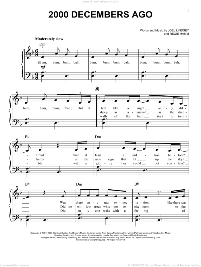 2000 Decembers Ago sheet music for piano solo by Joy Williams, Joel Lindsey and Regie Hamm, easy skill level