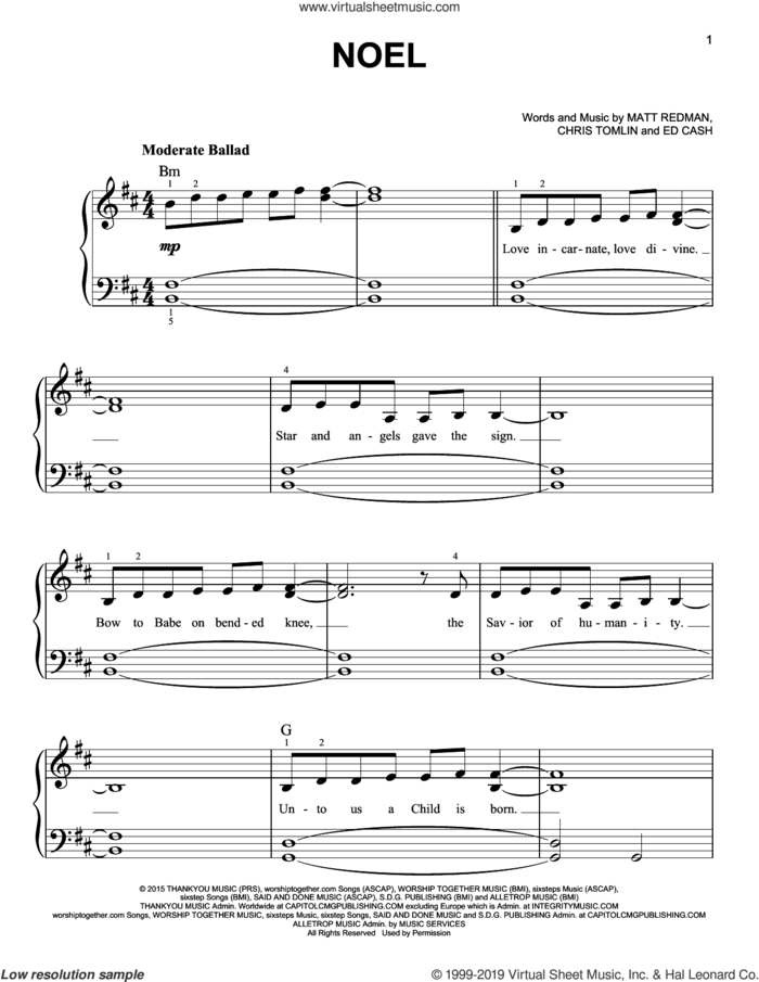 Noel (feat. Lauren Daigle) sheet music for piano solo by Chris Tomlin, Ed Cash and Matt Redman, easy skill level