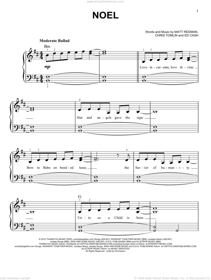 Noel (feat. Lauren Daigle) sheet music for piano solo by Chris Tomlin, Ed Cash and Matt Redman, easy skill level