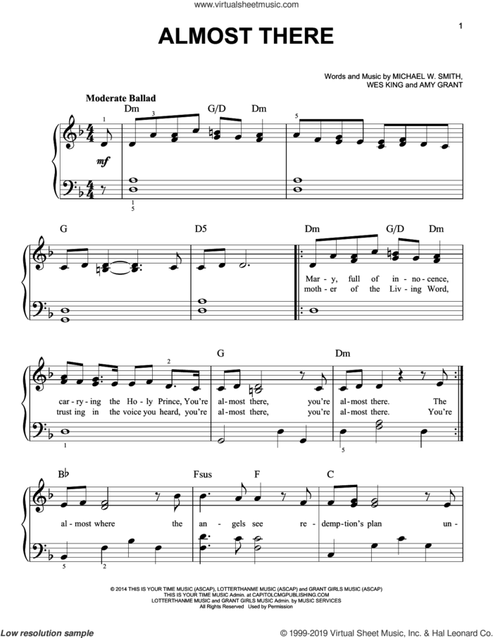 Almost There (feat. Amy Grant) sheet music for piano solo by Michael W. Smith, Amy Grant and Wes King, easy skill level