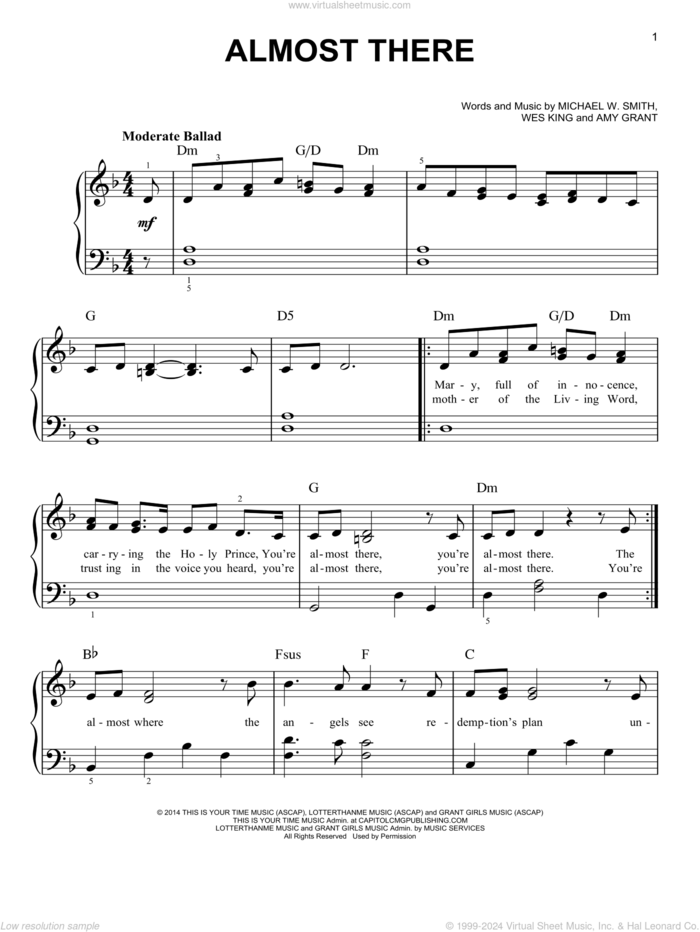 Almost There (feat. Amy Grant) sheet music for piano solo by Michael W. Smith, Amy Grant and Wes King, easy skill level