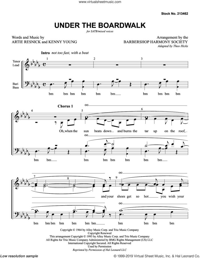 Under The Boardwalk (arr. Barbershop Harmony Society) sheet music for choir (SATB: soprano, alto, tenor, bass) by The Drifters, Barbershop Harmony Society, Theo Hicks, Artie Resnick and Kenny Young, intermediate skill level