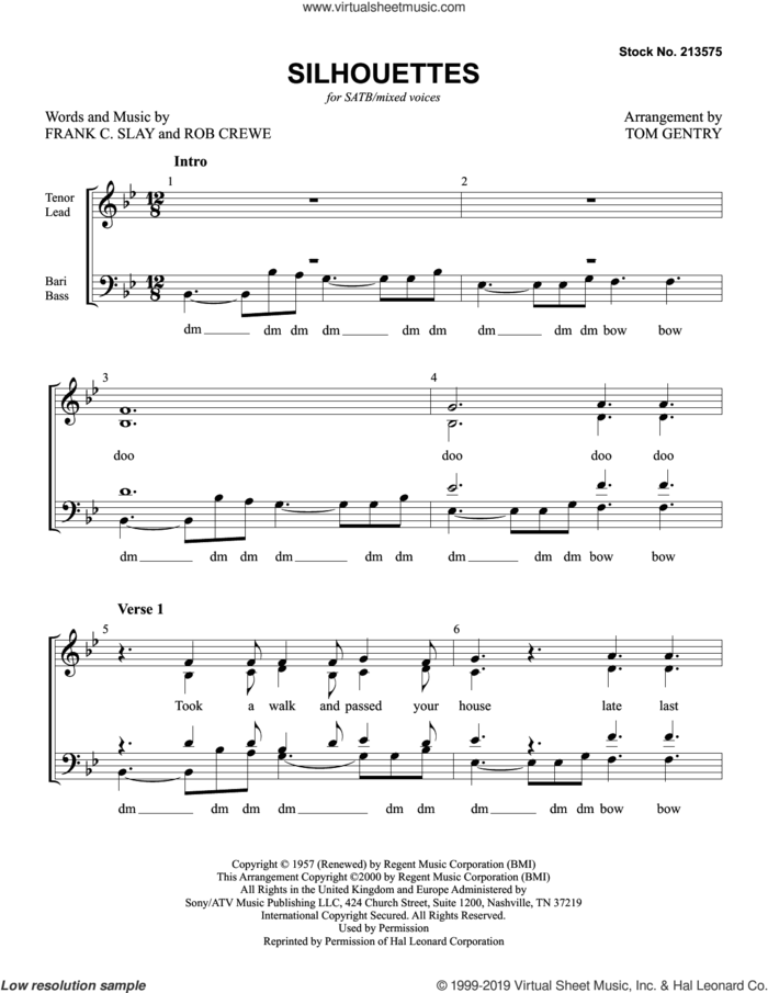 Silhouettes (arr. Tom Gentry) sheet music for choir (SATB: soprano, alto, tenor, bass) by The Rays, Tom Gentry, Frank C. Slay and Rob Crewe, intermediate skill level