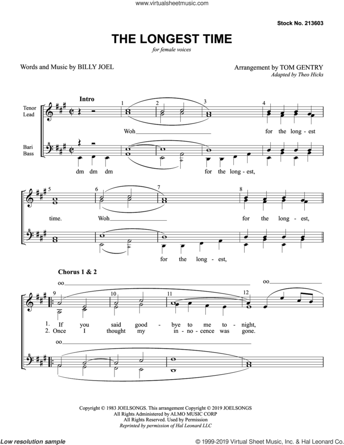 The Longest Time (arr. Tom Gentry) sheet music for choir (SSAA: soprano, alto) by Billy Joel and Tom Gentry, intermediate skill level