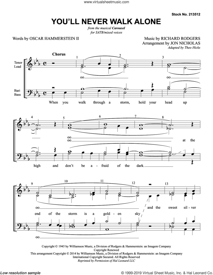 You'll Never Walk Alone (from Carousel) (arr. Jon Nicholas) sheet music for choir (SATB: soprano, alto, tenor, bass) by Rodgers & Hammerstein and Jon Nicholas, intermediate skill level