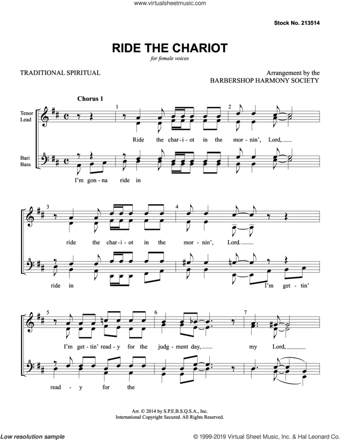 Ride The Chariot (arr. Barbershop Harmony Society) sheet music for choir (SSAA: soprano, alto)  and Barbershop Harmony Society, intermediate skill level