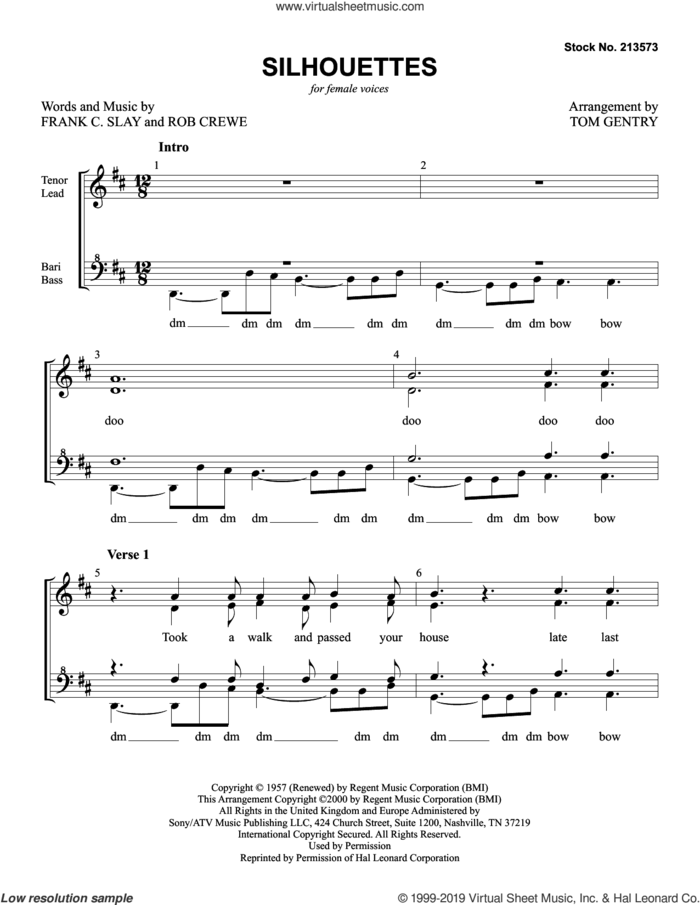 Silhouettes (arr. Tom Gentry) sheet music for choir (SSAA: soprano, alto) by The Rays, Tom Gentry, Frank C. Slay and Rob Crewe, intermediate skill level