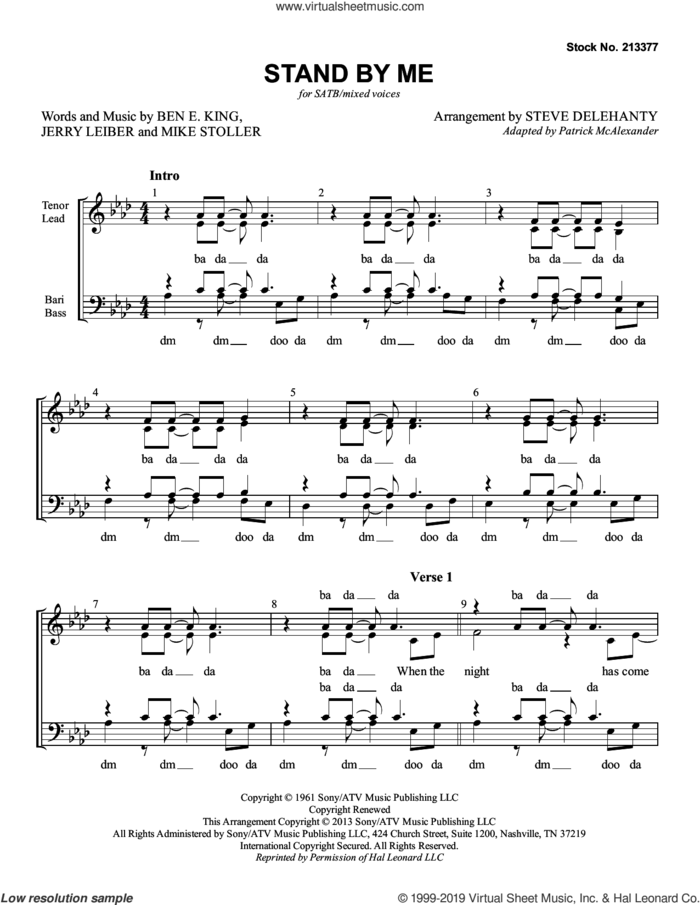 Stand By Me (arr. Steve Delehanty) sheet music for choir (SATB: soprano, alto, tenor, bass) by Ben E. King, Steve Delehanty, Jerry Leiber and Mike Stoller, intermediate skill level