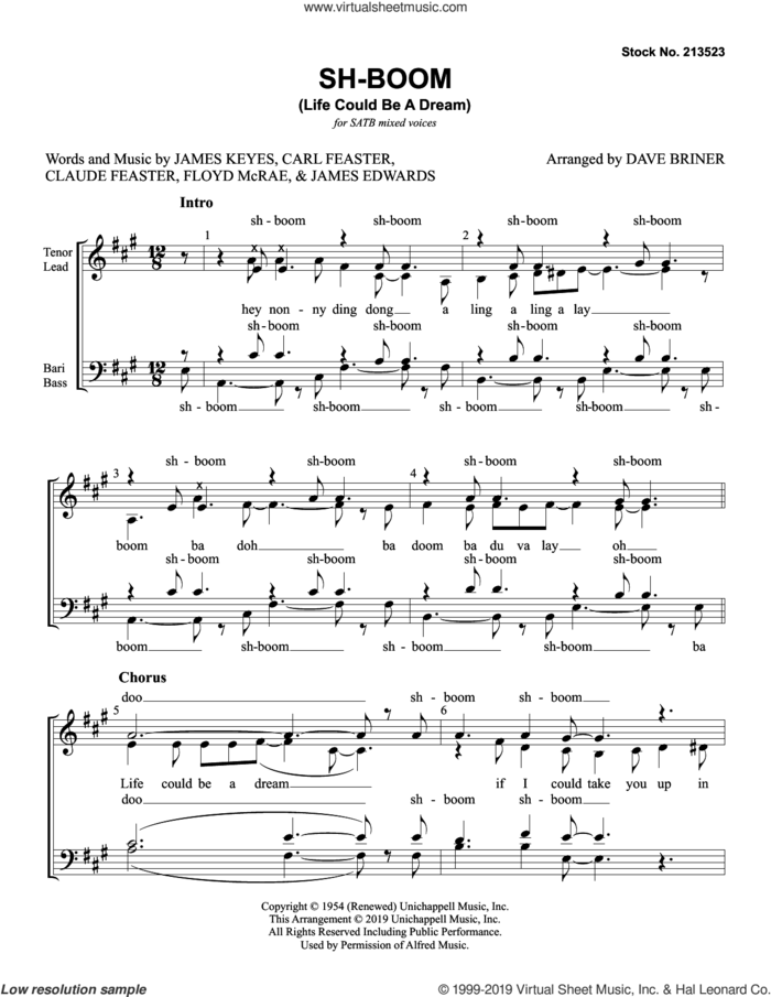 Sh-Boom (Life Could Be A Dream) (arr. Dave Briner) sheet music for choir (SATB: soprano, alto, tenor, bass) by The Crew-Cuts, Dave Briner, Theo Hicks, Carl Feaster, Claude Feaster, Floyd McRae, James Edwards and James Keyes, intermediate skill level