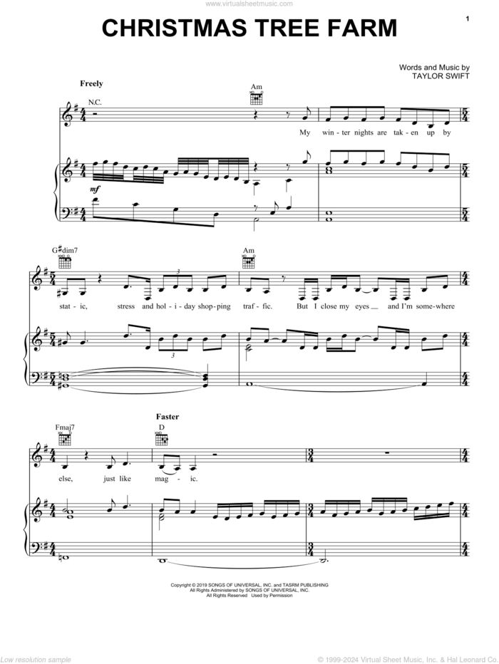 Christmas Tree Farm sheet music for voice, piano or guitar by Taylor Swift, intermediate skill level