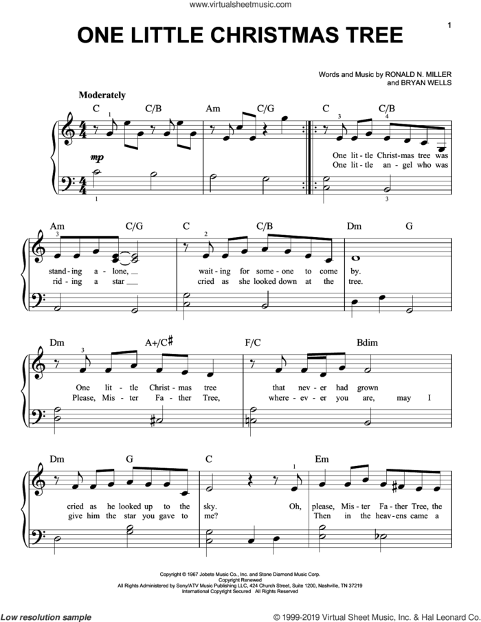 One Little Christmas Tree sheet music for piano solo by Stevie Wonder, Bryan Wells and Ronald N. Miller, easy skill level
