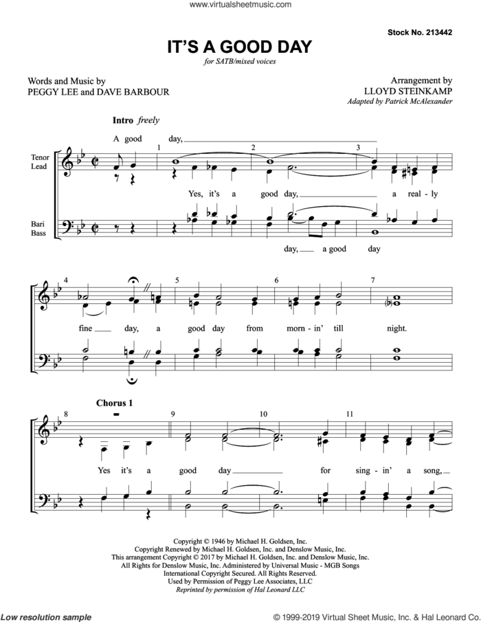 It's A Good Day (arr. Lloyd Steinkamp) sheet music for choir (SATB: soprano, alto, tenor, bass) by Peggy Lee, Lloyd Steinkamp and Dave Barbour, intermediate skill level