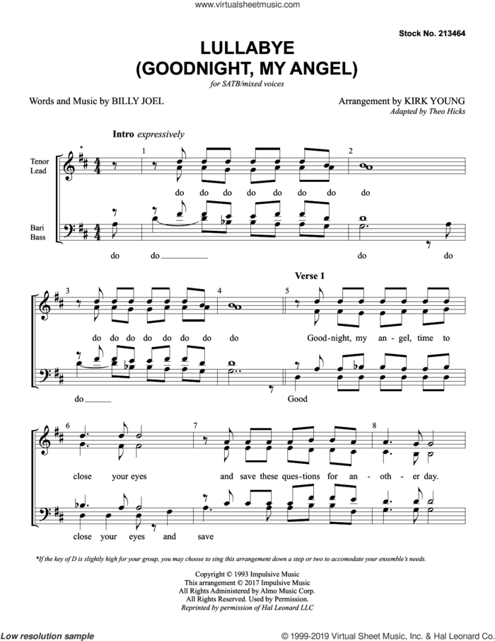 Lullabye (Goodnight, My Angel) (arr. Kirk Young) sheet music for choir (SATB: soprano, alto, tenor, bass) by Billy Joel and Kirk Young, intermediate skill level