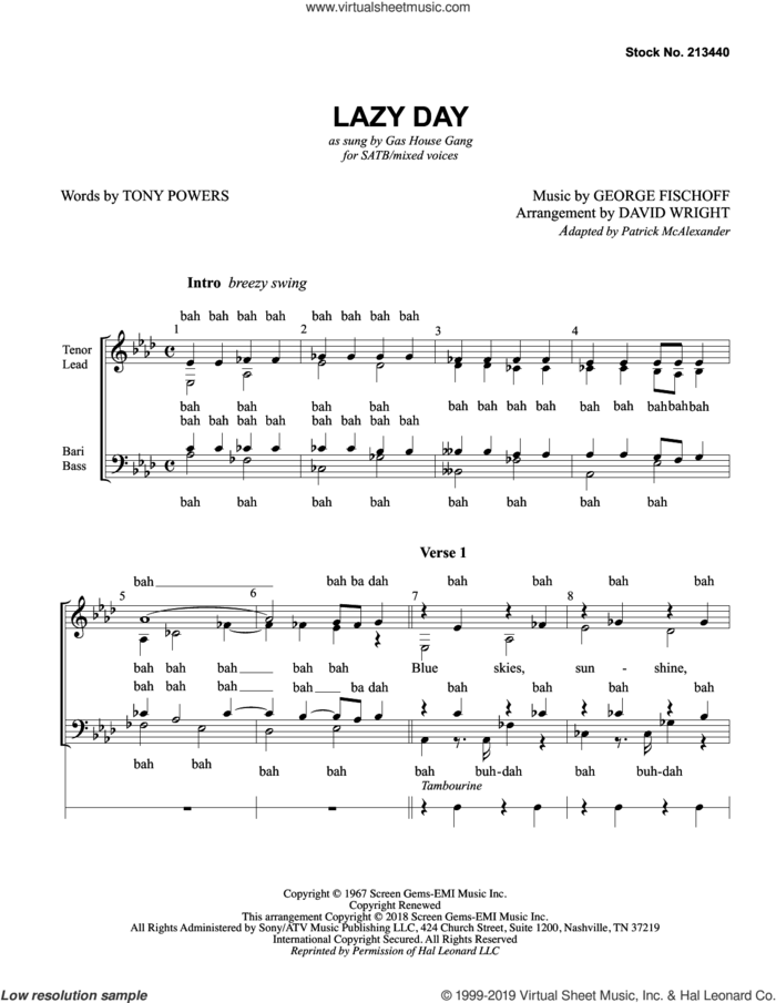 Lazy Day (arr. David Wright) sheet music for choir (SATB: soprano, alto, tenor, bass) by The Gas House Gang, David Wright, George Fischoff and Tony Powers, intermediate skill level