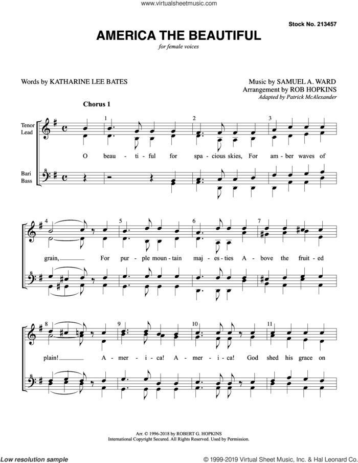 America, The Beautiful (arr. Rob Hopkins) sheet music for choir (SSAA: soprano, alto) by Samuel Augustus Ward, Rob Hopkins and Katherine Lee Bates, intermediate skill level