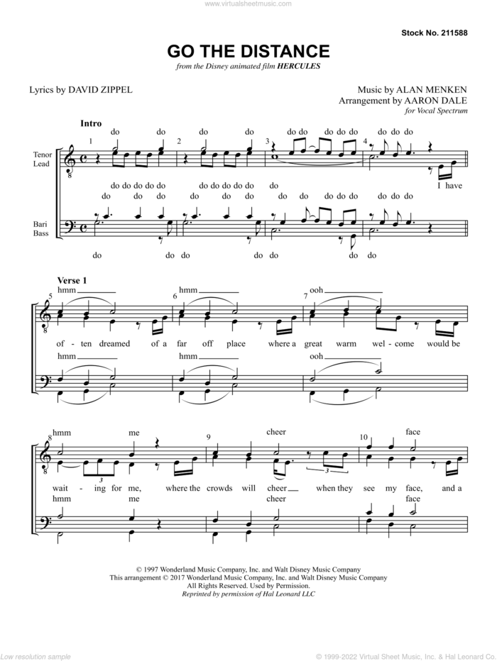 Go The Distance (from Hercules) (arr. Aaron Dale) sheet music for choir (TTBB: tenor, bass) by Roger Bart, Aaron Dale, Alan Menken and David Zippel, intermediate skill level