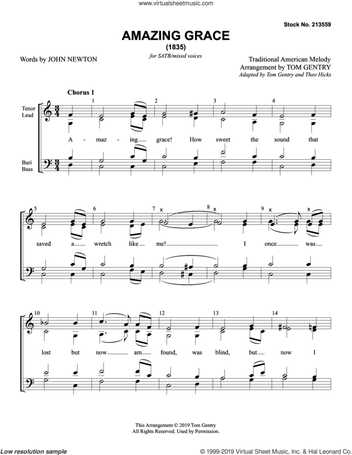 Amazing Grace (arr. Tom Gentry) sheet music for choir (SATB: soprano, alto, tenor, bass) by John Newton, Tom Gentry and Miscellaneous, wedding score, intermediate skill level