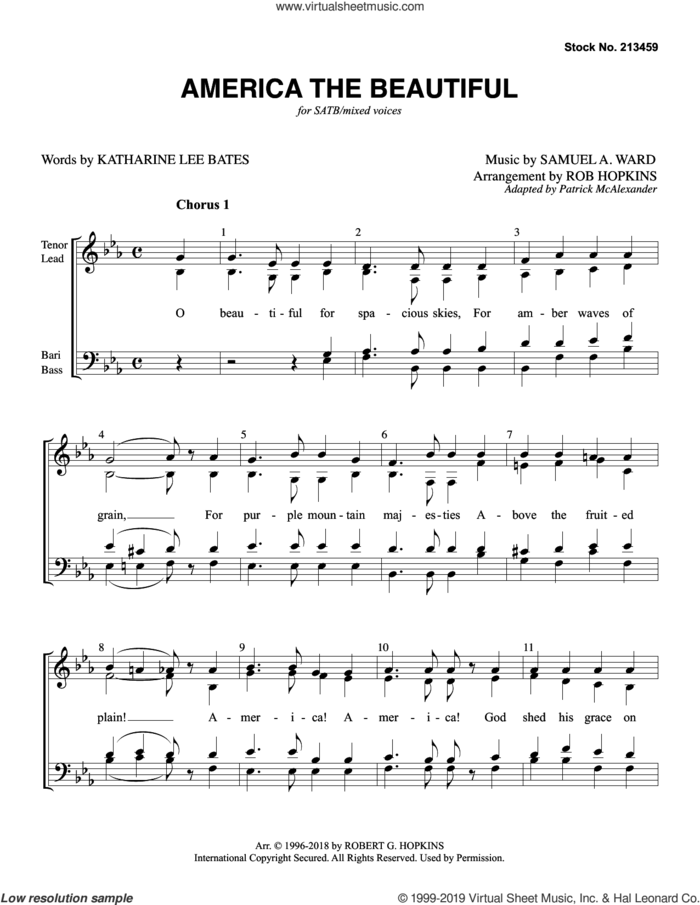 America, The Beautiful (arr. Rob Hopkins) sheet music for choir (SATB: soprano, alto, tenor, bass) by Samuel Augustus Ward, Rob Hopkins and Katherine Lee Bates, intermediate skill level