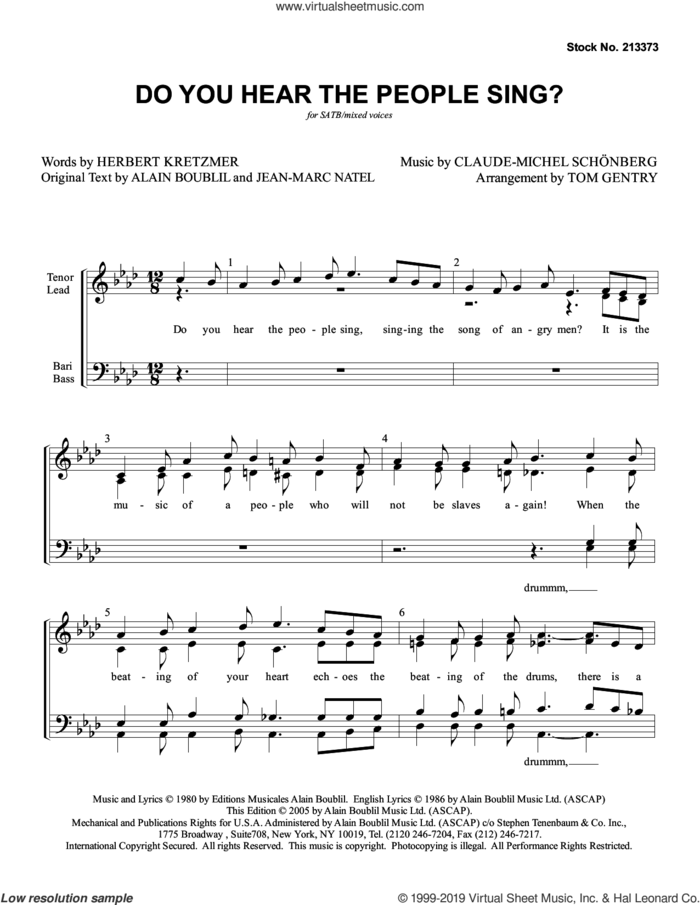 Do You Hear The People Sing? (from Les Miserables) (arr. Tom Gentry) sheet music for choir (SATB: soprano, alto, tenor, bass) by Boublil and Schonberg, Tom Gentry, Alain Boublil, Claude-Michel Schonberg, Herbert Kretzmer and Jean-Marc Natel, intermediate skill level