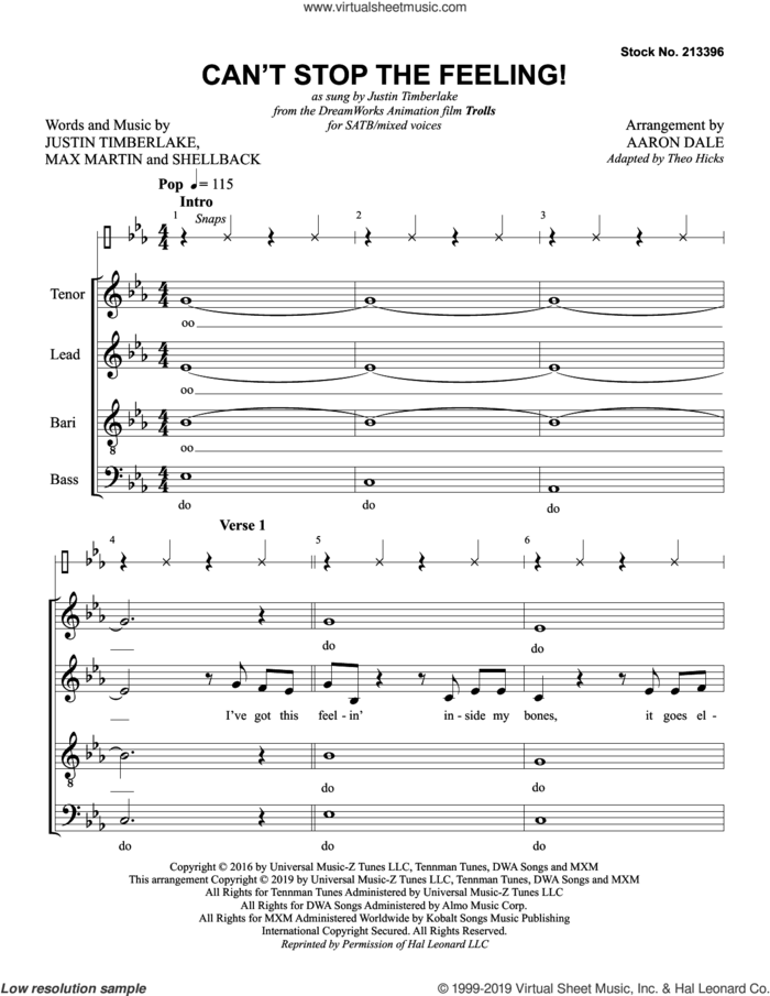 Can't Stop The Feeling! (from Trolls) (arr. Aaron Dale) sheet music for choir (SATB: soprano, alto, tenor, bass) by Justin Timberlake, Aaron Dale, Max Martin and Shellback, intermediate skill level