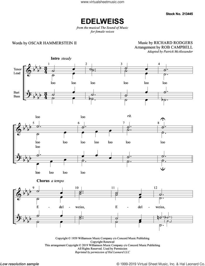 Edelweiss (from The Sound Of Music) (arr. Rob Campbell) sheet music for choir (SSAA: soprano, alto) by Christopher Plummer, Rob Campbell, Oscar II Hammerstein and Richard Rodgers, intermediate skill level
